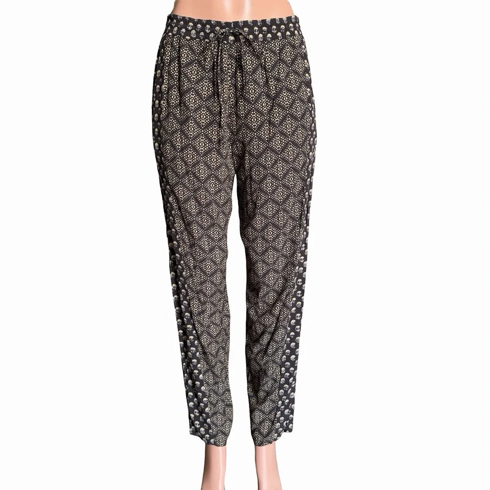 Michael Stars Jordan Pant M• Black Beige Printed Wide Leg Pull Boho Resort Flowy